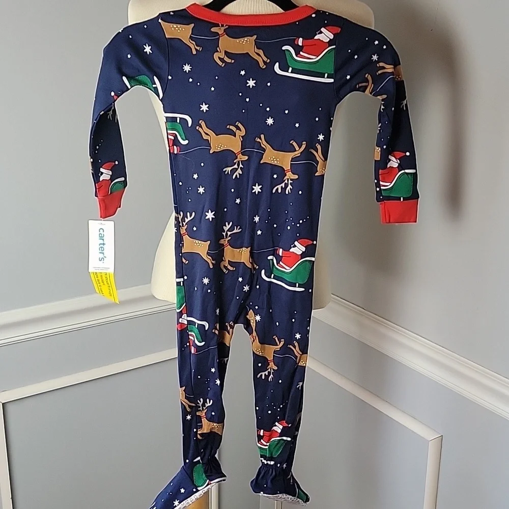 CARTER'S Santa Reindeer Christmas Holiday One Piece Full Zip Footed‎ Pajamas NEW